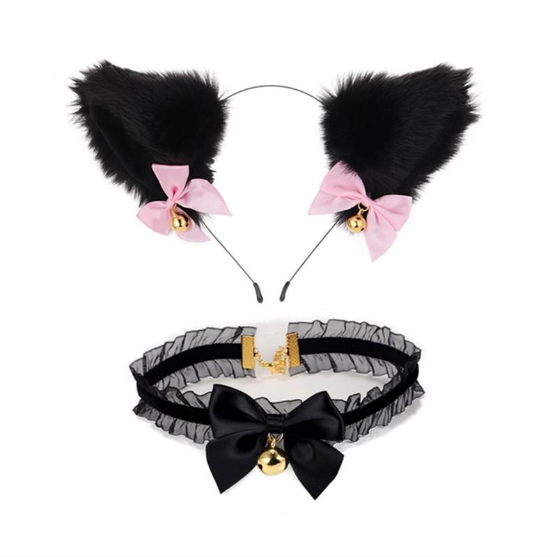 Cat Ear Bell Headband & Choker Set with Tail - Halloween Party Accessories