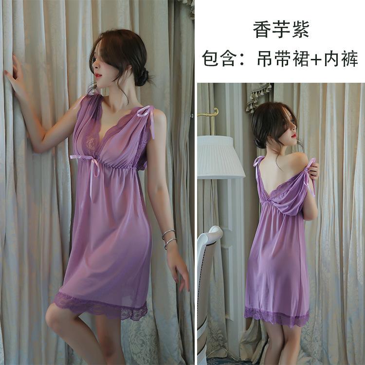 Erotic underwear women's large size European and American sexy pajamas deep transparent mesh nightgown