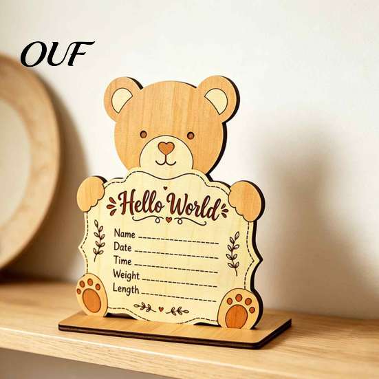 Nursery Shelf Display Sign Wooden Baby Birth Announcement Sign, Cute Bear Hello World Newborn Welcome Statistics Memory Board with Stand, Name Plaques