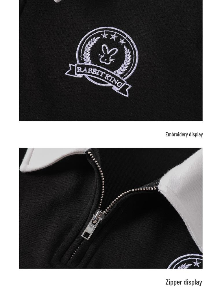 Women's Retro Embroidered Polo Collar Half-Zip Pullover - Long Sleeve, Spring/Autumn 2025