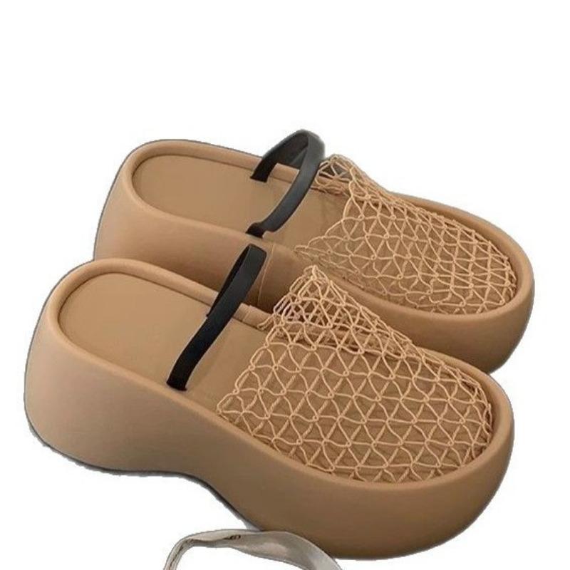 New Thick-soled Height-increasing Flip-flops for Women Featuring Mesh Shoes Hollowed-out Toe Caps