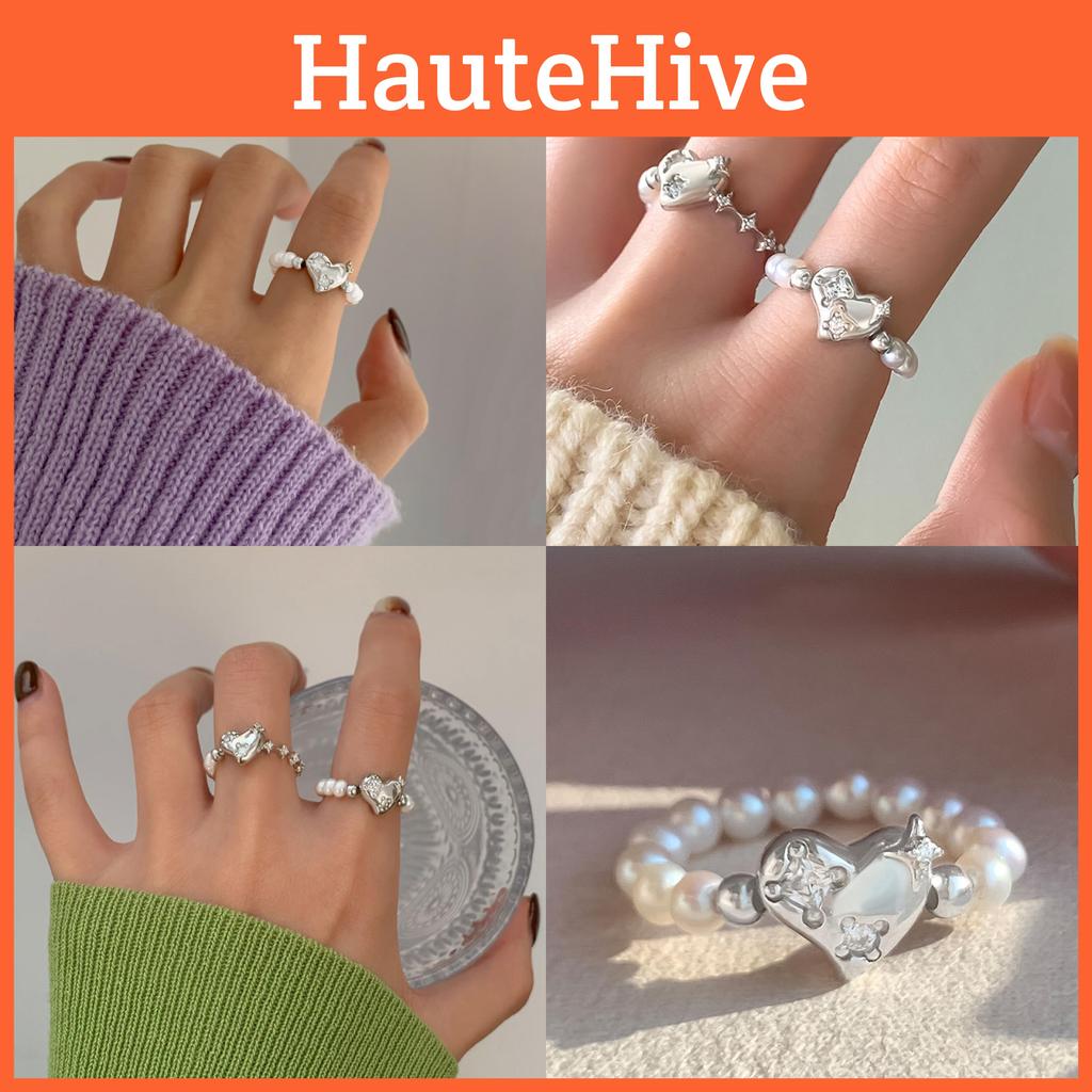 Dazzling Geometric Heart Design Pearl And Crystal Ring 925 Sterling Silver Jewelry