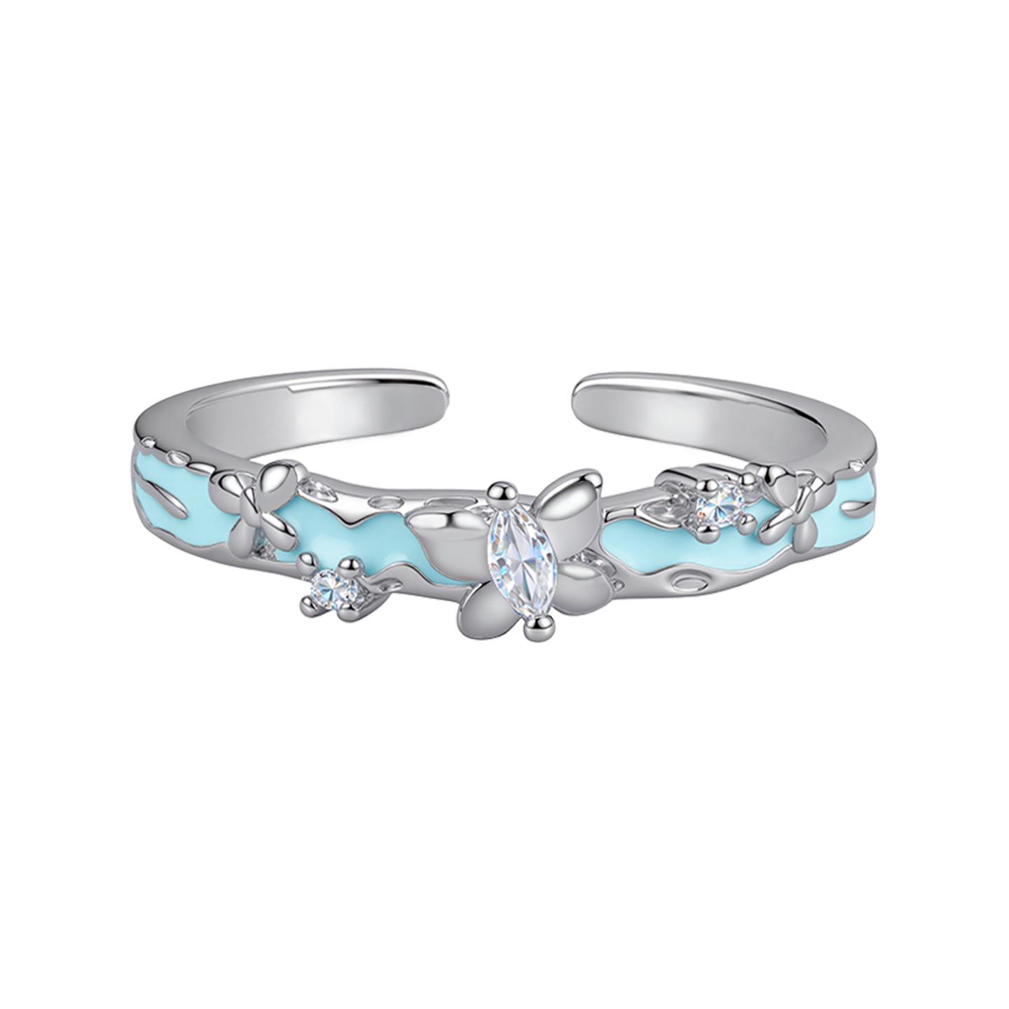 Light Blue Eco-friendly Copper Butterfly Couple Rings with Rhinestones Adjustable Size