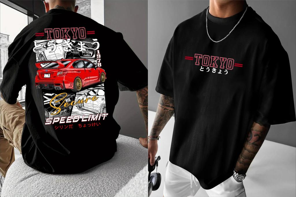 2026 Unisex Summer Streetwear T-Shirt Tokyo Speed Limit Graphic & Red Sports Car Print Loose Fit Casual Tee Print Summer