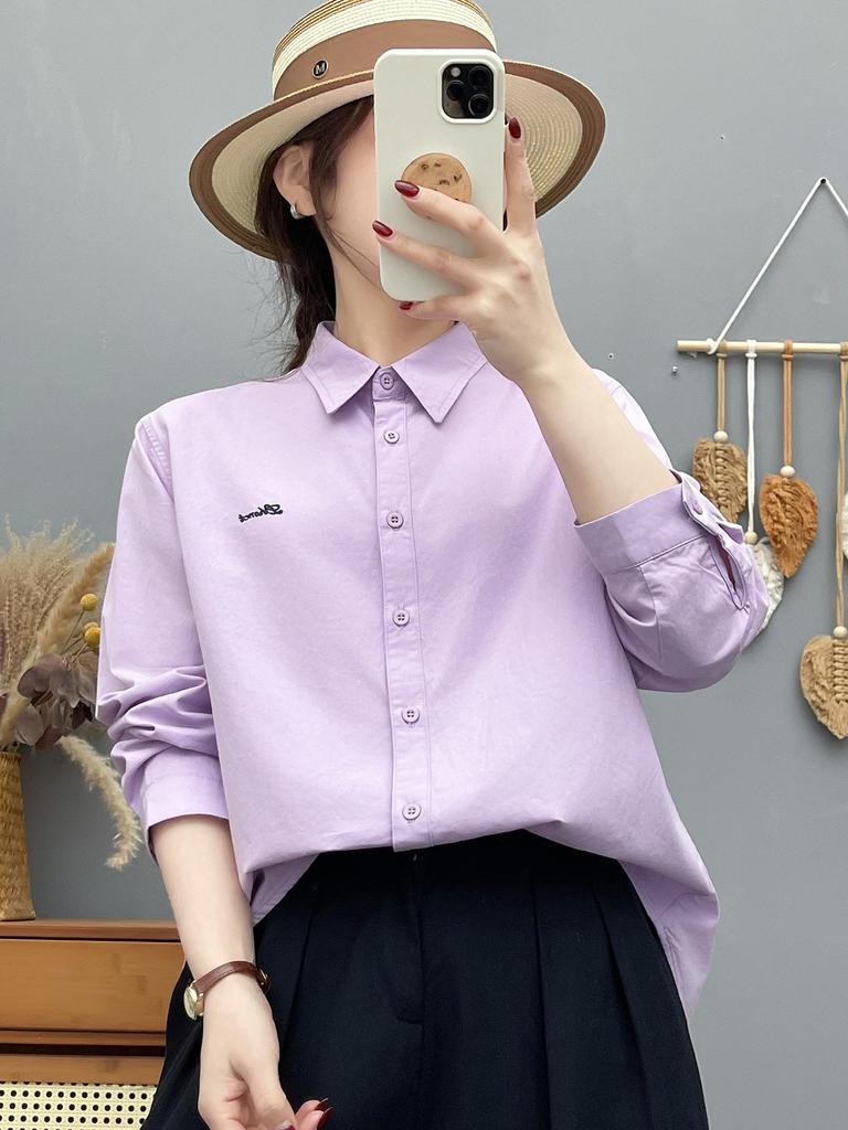 Women's Long Sleeve Embroidered Cotton Shirt - Candy Color, High Quality, Versatile Loose Fit Casual Top