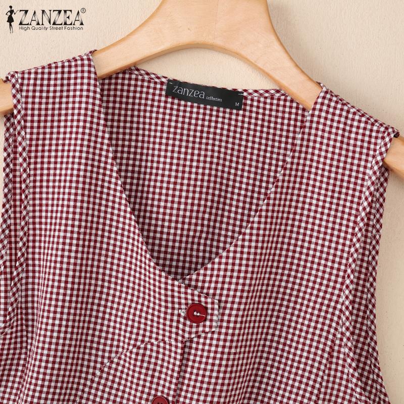 ZANZEA Women V-Neck Casual Sleeveless Grid Print Tank Tops