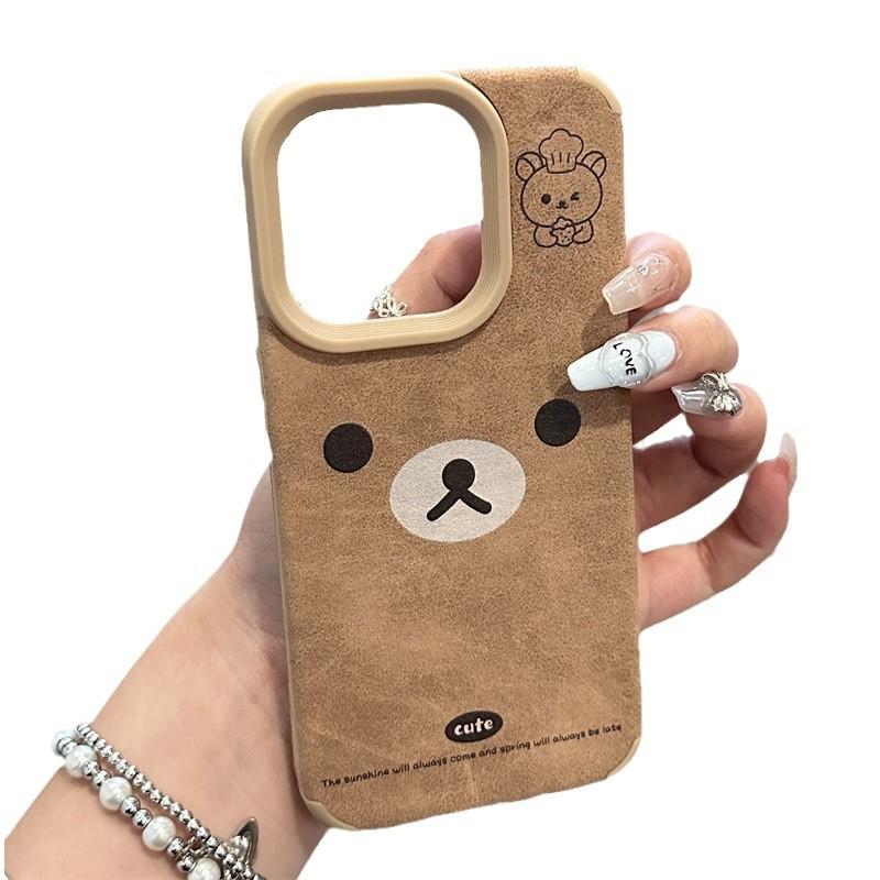 Cute Kawaii Bear Silicone Phone Case IPhone 16 Pro Max 15 14 Plus 13 12 Full Coverage Anti-Drop Brown Leather Texture