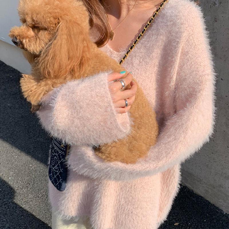 Korean Style Faux Mink V-Neck Pullover Sweater for Women - Autumn/Winter Versatile Loose Fit