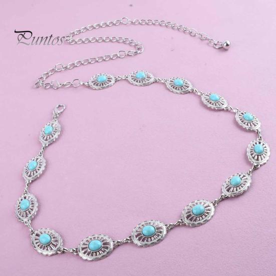 Exotic Lace Metal Ring Belt Waist Chain for Women, Adjustable Fit Waistband with Turquoise Decor, High Retro Ethnic Style Dresses Skirts Beachwear