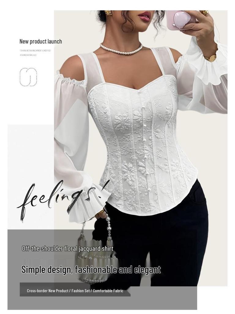 Women's Elegant Off-the-Shoulder Floral Jacquard Shirt - Square Neck, Long Sleeve, Slim Fit