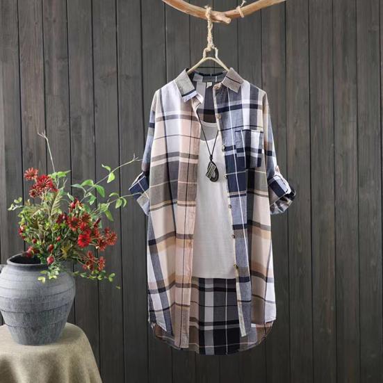 Women Shirt Lapel Long Sleeve Colorful Plaid Print Shirt with Pocket Loose Fit Mid-length Single-Breasted Shirt