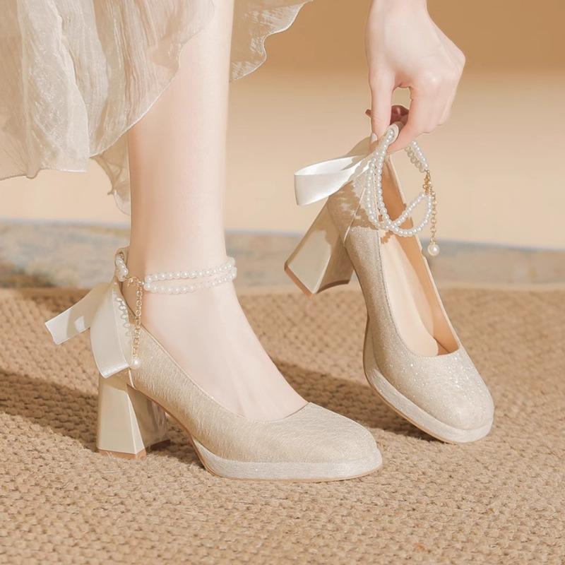 Fashion Women's Chunky Single Shoes Spring New Square Head Shallow Mouth Sequin Bead Butterfly Knot Anti-slip Wear-resistant High Heels