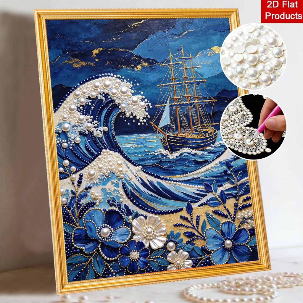 Pearl Painting Handmade DIY 5D Pearl Ocean Wave Sailing Ship Flower Pattern Decorative Hanging Painting