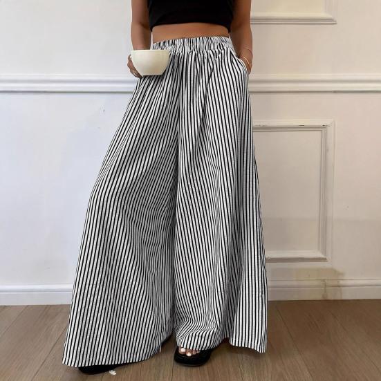 Women Pants with Pockets, Casual Wide Leg Trousers with Elastic Waist, Loose Fit Striped Print Pants for Everyday Wear