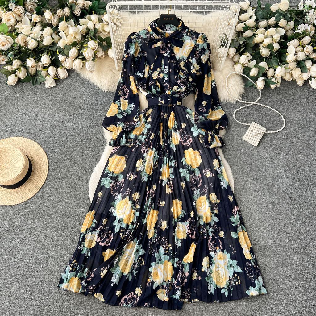Women Fashion Vintage Elegant Stand Neck High Waist Slim A-line Print Ruffle Edge Chiffon Dress Spring Party Vacation Pleat robe
