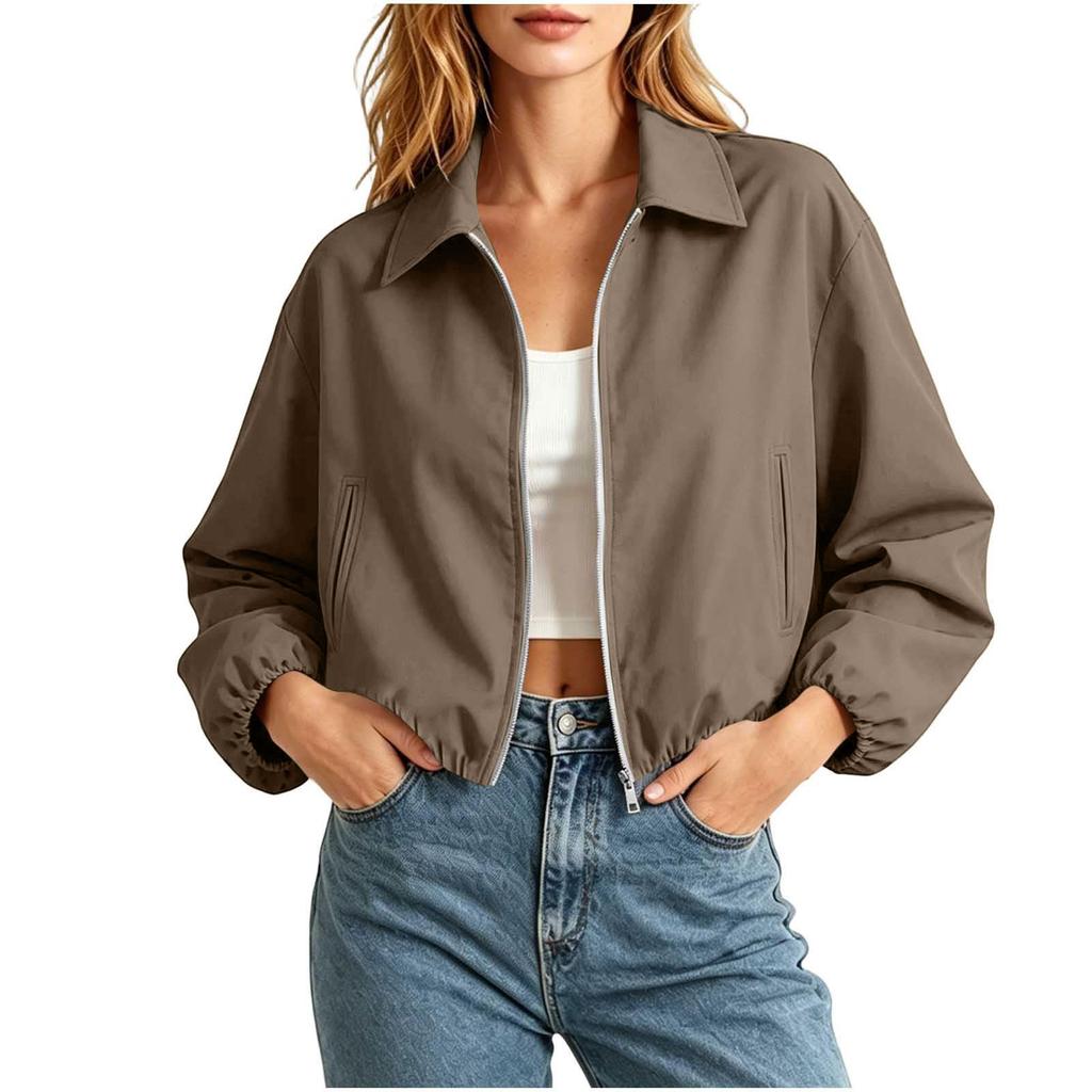 Women's Fashion Short Loose Fit Puffy Zipper Long Sleeve Jacket Outerwear