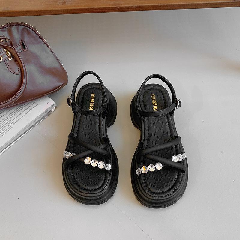Platform muffin sandals 2025 summer new high-end versatile beach rhinestone sandals
