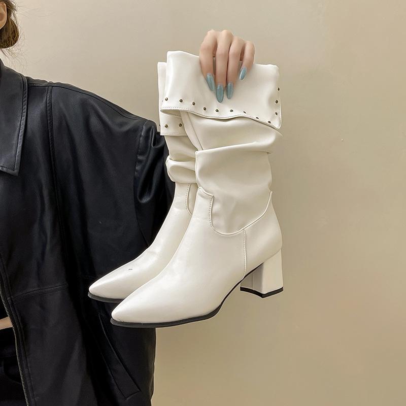 Fashion Spice Girl Pleated Autumn and Winter Pile Boots Women's Autumn and Winter Design Sense Pointed Rivet Fashion Boots High Heel Knight Boots