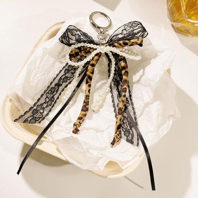 New Leopard Print Ribbon Bow Keychain Lace Imitation Pearl Fashion Design Charm Bag Keychain Phone Chain Hanging Accessories