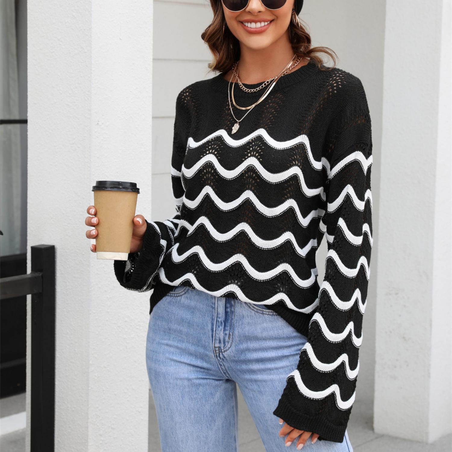 2023 Осенний женский повседневный трикотаж с длинными рукавами, ажурный пуловер, свободный свитер S чёрный