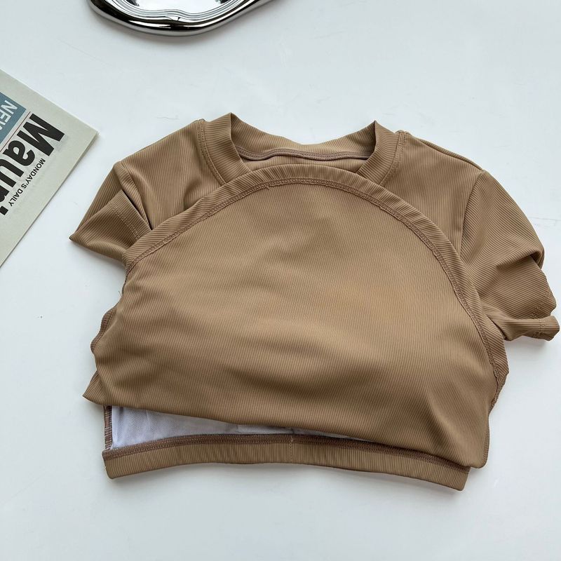 Lu Same Style with Chest Pad Tight Sexy Yoga Clothes Women's Soft Midriff Outfit Sports Tops Silm Fitness T-shirt Short Sleeve