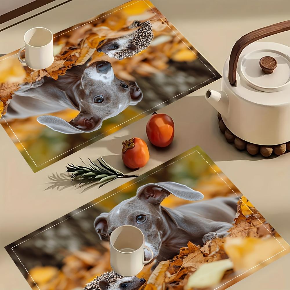 4pcs Set, Greyhound and Hedgehog Pattern Placemats, Fashionable Printed Table Mats, Suitable for Dining Tables, Kitchens, Parties, Indoor Use, Holiday