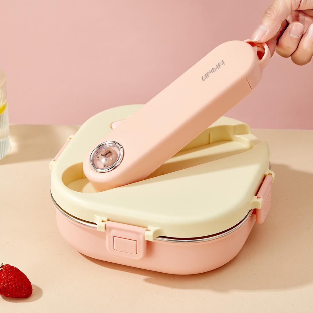 3/4 Grid Portable Square Lunch Container With Cutlery Capybara 304 Stainless Steel Divided Lunch Box For Kids Student Heatable