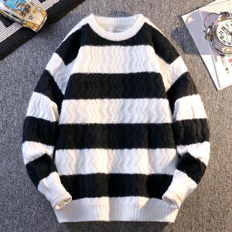 2025 Autumn/Winter Men's Korean Style Color Block Striped Loose Knit Sweater