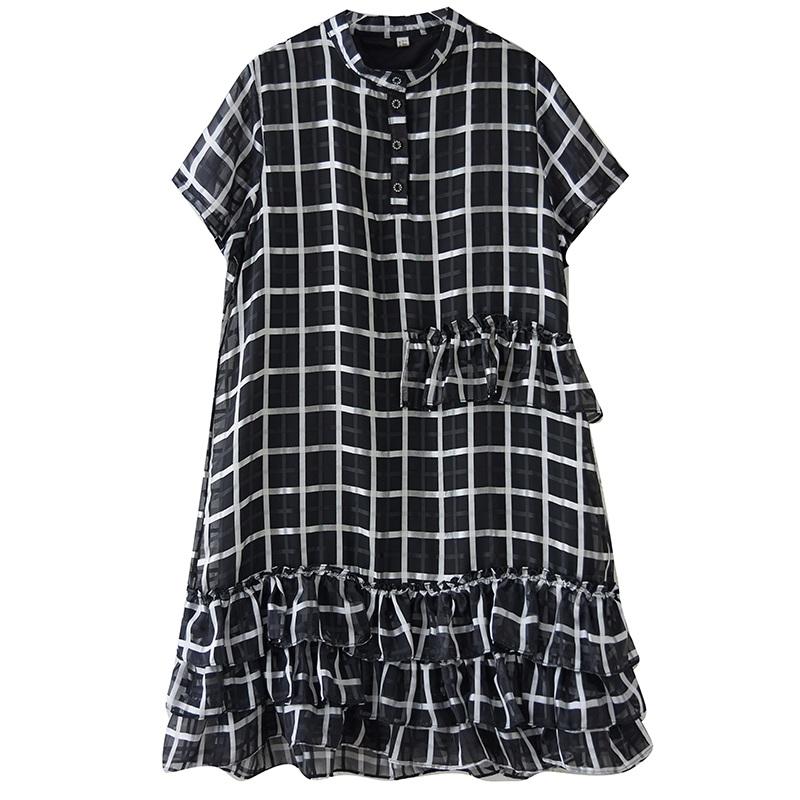 Kurzärmlig Übergröße Vintage Karomuster Neu in Kleider für Frauen Lässig Locker Midi Lang Sommerkleid