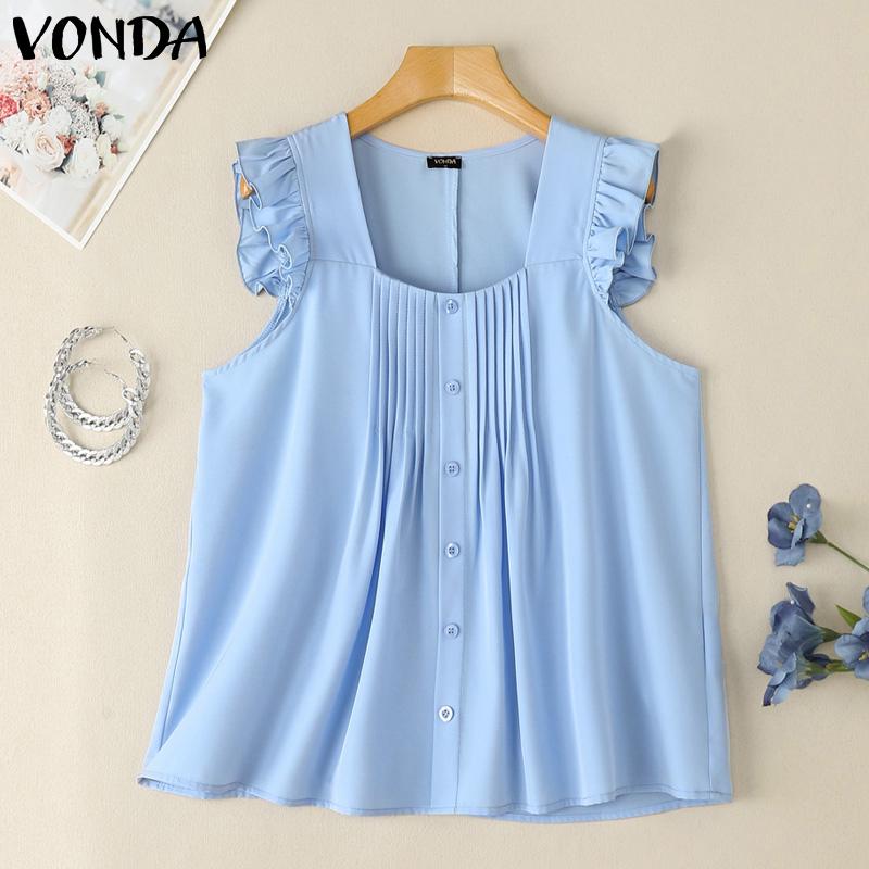 

VONDA Women Summer Sleeveless Ruffled Casual Loose Tank Tops 5XL синій
