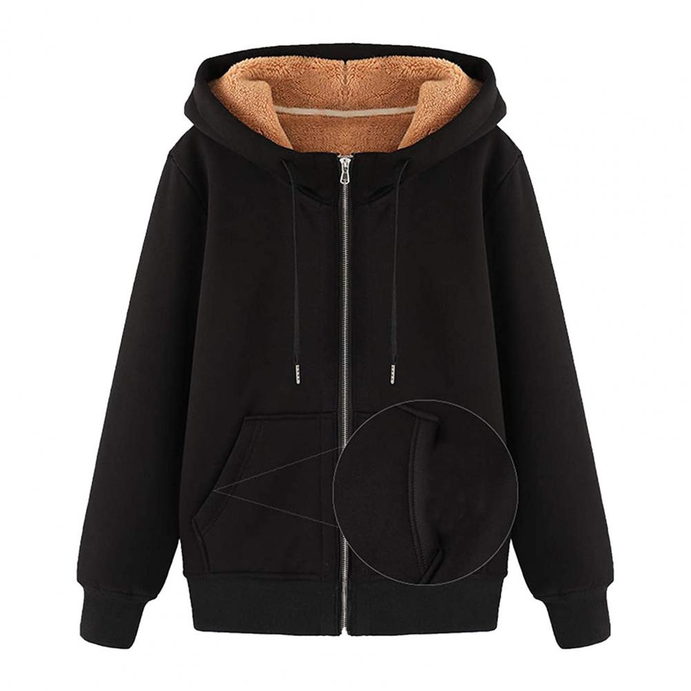 Women Hoodie Solid Color Zipper Autumn Winter Thicken Warm Sweatshirt for Office