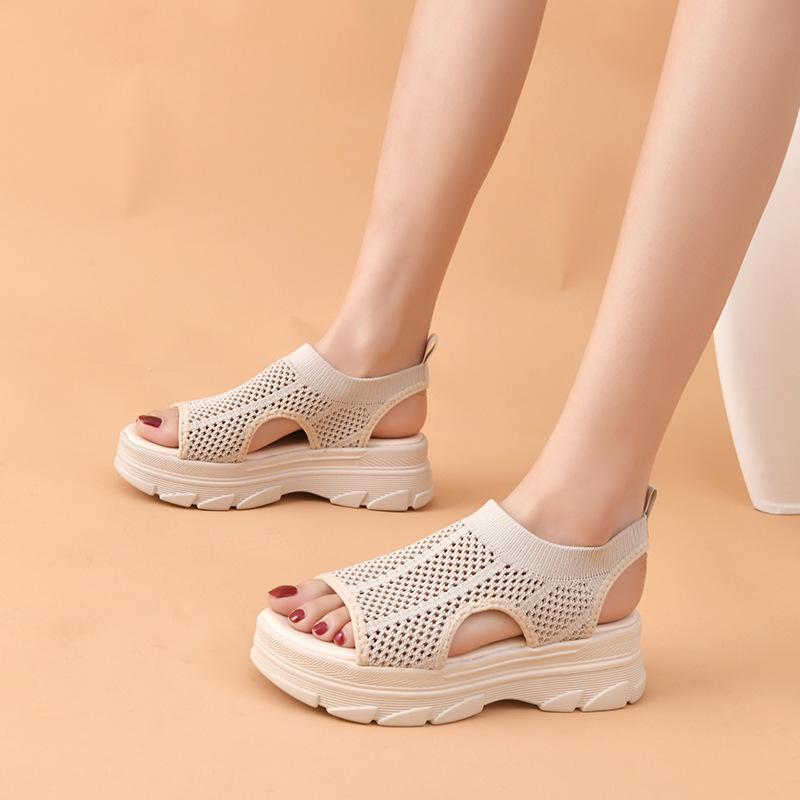

European and American knitted elastic band platform sandals women s 2024 summer new foot cover and one pedal fish mouth sandals 35 чёрный