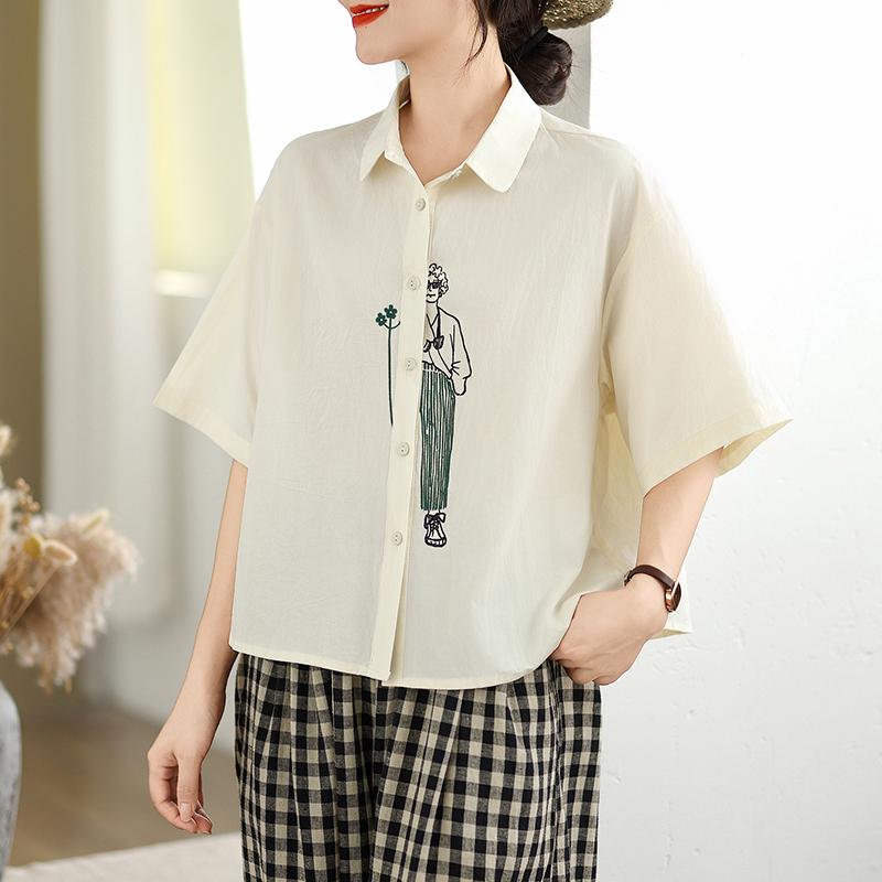 DIMANAF 2026 Women Plus Size New Summer Blouse Shirt Short Sleeve Casual Loose Embroidery Lady Tops Shirts Cotton