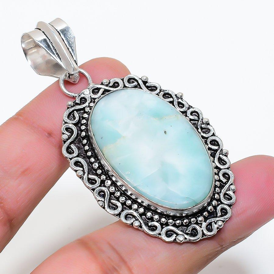 Natural Larimar Gemstone Handmade 925 Sterling Silver Jewelry Pendant 2.36" AP-16030