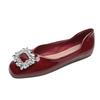 Fashion Black/Red Japanned Leather Flats Woman Crystal Buckle Shoes Ladies Square Toe Ballets Female Slip On Lofers Brides Wedding Shoes