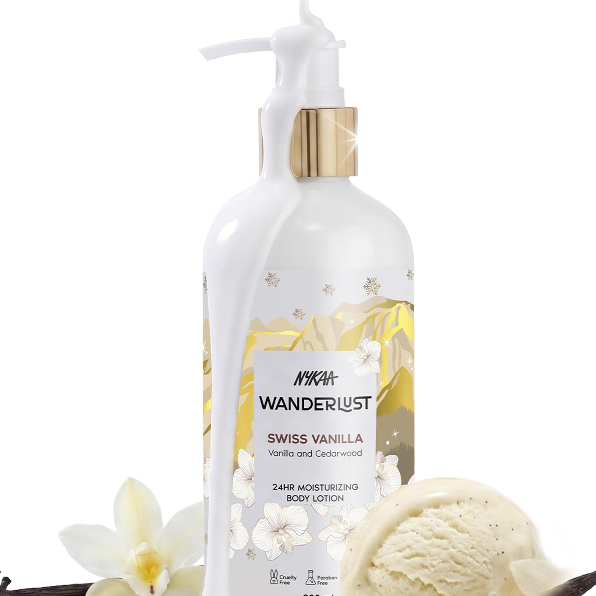 Nykaa Wanderlust Swiss Vanilla Body Lotion, Long-Lasting Vanilla & Cedarwood Fragrance, Intense Hydration, Vegan, Paraben-Free, 24Hr Moisture, 300ml