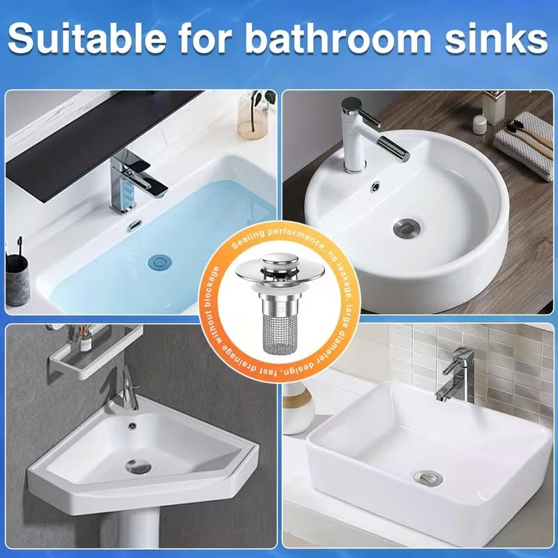 Bathroom Sink Drain Strainer Universal Pop-Up Sink Hair Catcher Anti-Clog Stainless Steel Drain Filter Basket For Washbasin