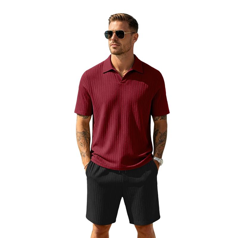 Men's Summer Beach Outfits 2 Pcs Jacquard Knit Lounge Short Sleeve Shirts and Shorts Vacation Texture Sets