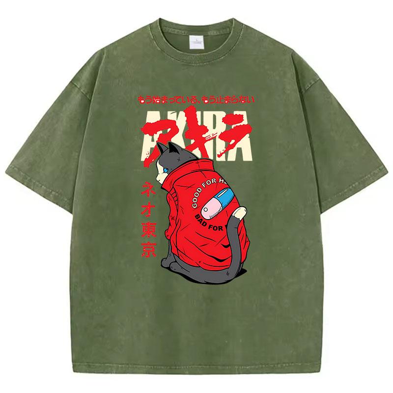 T Shirt Vintage Washed Cotton T-Shirt Japanese Anime Akira Tokyo Cat Graphic Tee Casual Streetwear Spring Summer