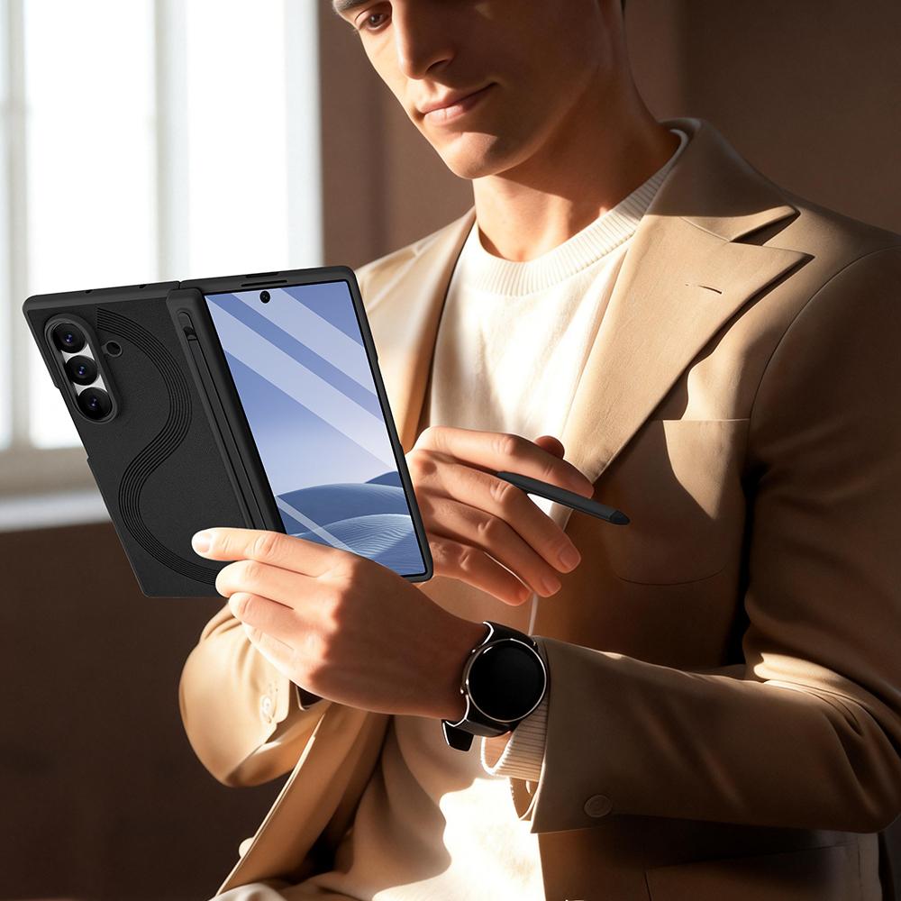 Business Magnetic Hinge Protect Leather Case for Samsung Galaxy Z Fold 8 7 6 with Anti-peep Glass Screen Film & S Pen Slot Cover