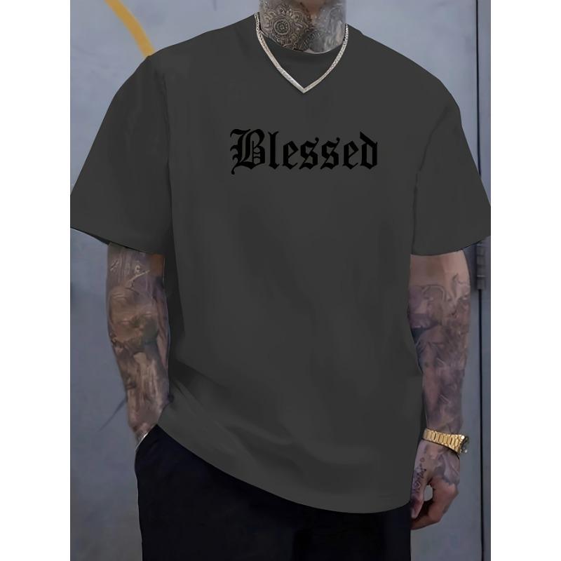 Men's Summer Fashionable Casual Loose Blessed Letter Pattern Printed Sports Round Neck Short Sleeved T-shirt