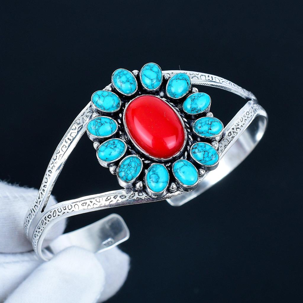Bracelet Manchette Turquoise Pierre Précieuse Fait Main Argent Sterling 925, Bracelet Forme Fleur Corail Rouge Pour Épouse, Bracelet Unisexe