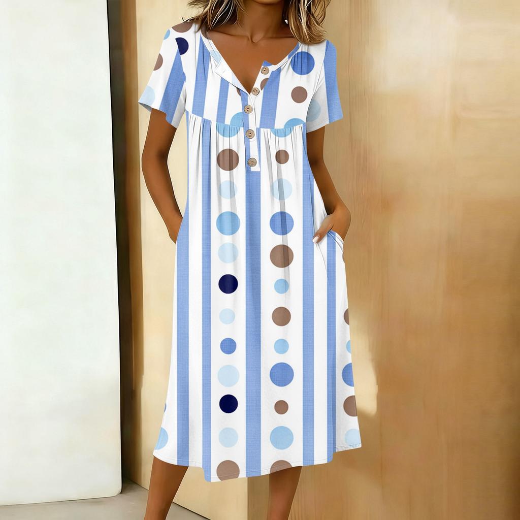 Vestido Casual Feminino Moderno Estampado Retrô Gola Redonda Manga Curta Botão na Gola Comprimento Médio
