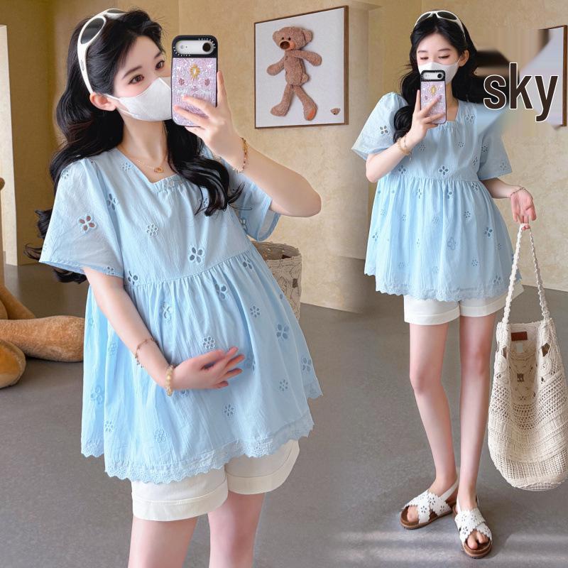 2026 Summer Korean Lace Embroidery Doll Shirt with Tummy Support Shorts XL