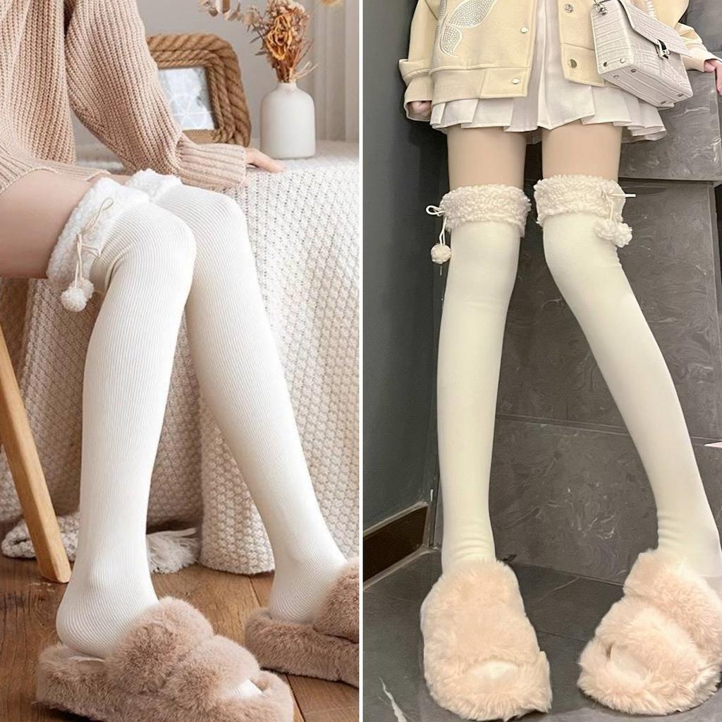 Autumn And Winter Thickened Lamb Wool Cute Sweet Ball Velvet Vertical Stripe Cotton Micro Pressure High Tube Knee Socks Long Tube