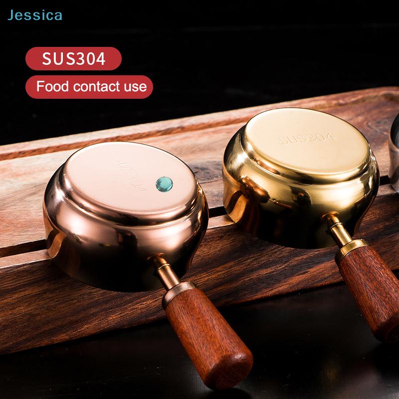 Stainless Steel Single Handle Sauce Cup with Wooden Grip - Gold/Silver Double Color Food-Grade Dipping Bowls for Kitchen Dining