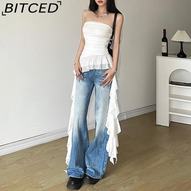 BITCED Spring Women's Solid-Colour Slim-Fit Streetwear Off-the-Shoulder Sleeveless Pleated Top