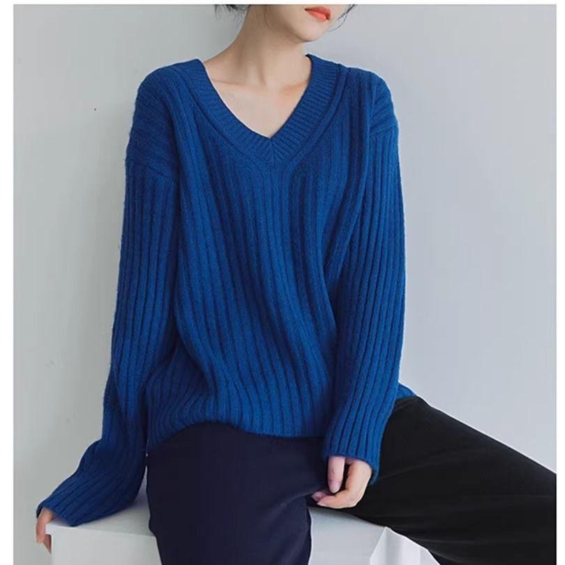 Jerséis Básicos de Punto para Mujer Otoño Invierno Cálido Suéter Cuello en V Moda Holgado Manga Larga Clásico Casual Tops de Punto