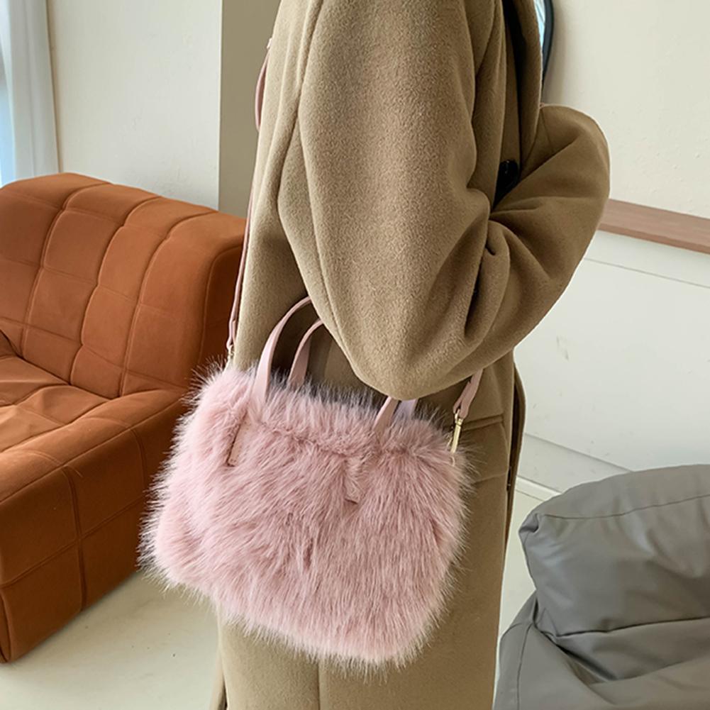 Women Faux Fur Crossbody Bag Adjustable Strap Handbag Solid Color Clutch Purse Satchel Purse for Travel Party