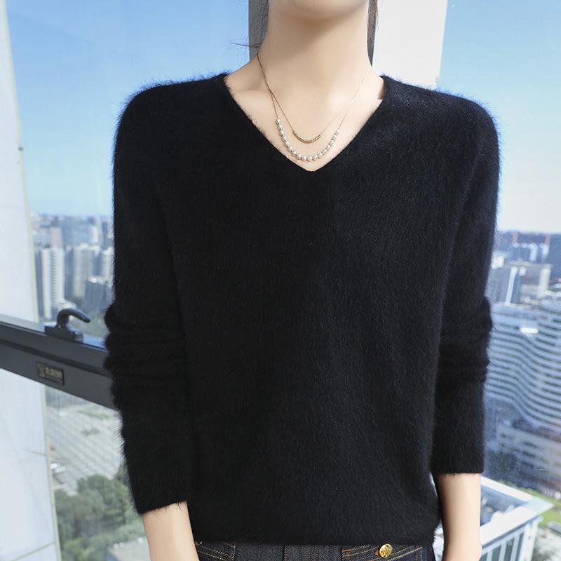 New Seamless Mink Velvet V-Neck Cashmere Sweater for Women - Loose Fit, Solid Color, Short Pullover Knitwear for Autumn and Winter